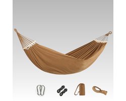 Dubbele anti-rol hangmat, 190 x 160 cm, draagvermogen 300 kg, met opbergtas, spanbanden, eendenbekgesp en karabijnhaak, voor tuin, terras, balkon, buiten, camping, Bruin