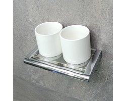 Dubbele Bekerhouder - Tandenborstelhouder Mokkenhouder - Badkamer Ordenen - Verchroomd RVS Porselein - 18.8 x 9.8 x 10 cm - Wit