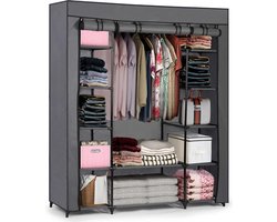 Dubbele Canvas Garderobekast - Opvouwbare Garderobe kast - Met Kleding Ophangrail en opslag planken - Stoffen Hangkast & Legkast - Kledingkast - Afm. 170 x 135 x 45 cm