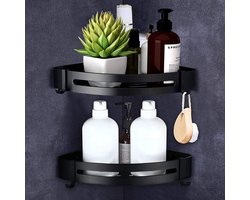 Dubbele Doucherek Zwart Zonder Boren – Sterke lijmbasis - Badkamer rek – Hoek – Doucherekjes – Incl. schroeven