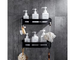 Dubbele Doucherek Zwart Zonder Boren – Sterkere lijmbasis - Wand Badkamer Rek – Doucherekjes – Incl. schroeven