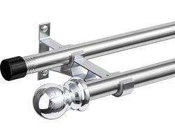 Dubbele gordijnroedes voor ramen, 76-223 cm, 2,5 cm zware dubbele raamstangen, verstelbare decoratieve zilveren gordijnroede voor glazen schuifdeur, terras, slaapkamer, keuken, badkamer