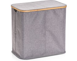 Dubbele grijze wasmand van stof 53 x 33 x 50 cm - Huishouding/huishouden - Schoonmaakartikelen - Was sorteren/verzamen - Wasgoedmanden/wasmanden - Dubbele wasmanden