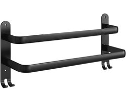 Dubbele Handdoekhouder Wall Mounted Kleren Rail 2-Tier Met Haken Voor Keuken Badkamer Wc Hotel Kantoor Zelfklevende/Wandmontage (Zwart 40cm)