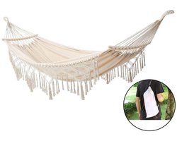 Dubbele Hangmat - Boho Hangmat Macrame Hangmat - voor 2 Personen - Grote Katoen Zachte Hangmat Bed - Voor Patio Achtertuin Veranda Gazon en Tuin (Wit, belasting: 250kg)