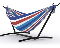 Dubbele Hangmat met Standaard - 2-Persoons Hangmat - Verstelbaar & Draagbaar - Max. 160 kg - Inclusief Draagtas - Voor Binnen en Buiten - Gestreept - Blauw/wit