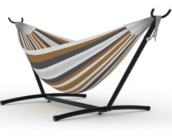 Dubbele Hangmat met Standaard - 2-Persoons Hangmat - Verstelbaar & Draagbaar - Max. 160 kg - Inclusief Draagtas - Voor Binnen en Buiten - Gestreept - bruin