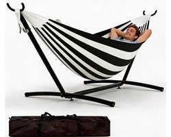 Dubbele Hangmat met Standaard - 2-Persoons Hangmat - Verstelbaar & Draagbaar - Max. 160 kg - Inclusief Draagtas - Voor Binnen en Buiten - Gestreept - Zwart / wit