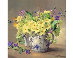 Dubbele kaart met env. Sleutelbloemen in een theepot 15x15cm