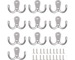 Dubbele Kapstokhaak - Wandbevestigde Metaal Haakjes - Zinklegering Retro Design - Voor Gang, Badkamer & Slaapkamer - Zilver - 10 stuks