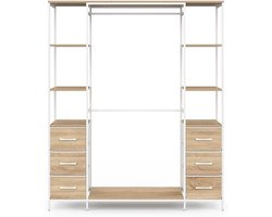 Dubbele kledingkast UTAH L. 140 cm – Inclusief dubbele zuil, 6 legplanken en 6 houten/witte stoffen bakken