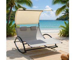 Dubbele Ligstoel met Zonnedak 180x139x170 cm – Luxe Tuin Ligbed voor 2 Personen met Kussens en Ademend Textiel – Stalen Frame – Outdoor Relax Stoel Tuin, Terras & Strand – Taupe/Crème – Nicolehome