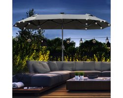 Dubbele parasol, 295 x 219cm, parasol met LED, ovaal, tuinparasol winddicht, stabiel, marktparasol met verstelbare kantelhoek voor terras, zwembad, polyester, staal, donkergrijs