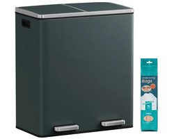Dubbele Prullenbak 60L – 2 x 30L – Afvalscheidingsbak met 2 Vakken – Softclose Deksel – Voetpedalen – Uitneembare Binnenemmers – Groen