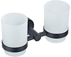 Dubbele Tandenborstelhouder - Wandmontage Bekerhouder - Badkamer Organisatie - Massief Messing Constructie - 19 x 9.6 cm - Mat Zwart