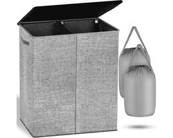 Dubbele Wasmand met Afneembare Waszakken en Deksel - 2 Compartimenten - Grote Wasmand voor Lichte en Donkere Kleding - Opvouwbare Wasbak - Opbergmand Grijs - 145L wassorteerder