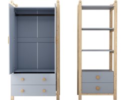 Dubbelkluisgarderobe, Garderobeset combinatie, Garderobe + Plank, Kinderslaapkamer set, Combinatiemeubel, met klerenhanger en lades, Vuren frame, Kleurcombinatie Blauw + Natuurhout, Hoogte 180cm