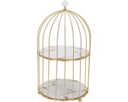 Dubbellaagse vogelkooi desktop make-up organizer rek - cosmetisch rek vogelkooi taart standaard dessert display stands (witte basis gouden patroon)