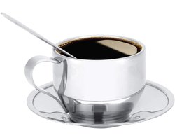 Dubbelwandige Geïsoleerde Koffiekop Set voor Espresso, Latte, Cappuccino - RVS - Europese Stijl - Met Schotel en Lepel