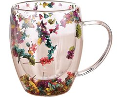 Dubbelwandige Mok met Gedroogde Bloemen, 310 ml Dubbelwandig Glas, Espressokopjes Transparant Glas voor Cappuccino, Espresso, Latte, Thee