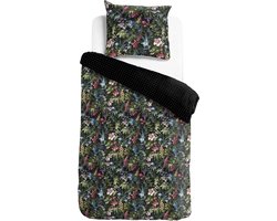 Dubbelzijdig dekbedovertrek set met botanische bloemen in groen, oud roze en blauw - 140x200/220CM (+70x60CM kussensloop) met stippenmotief