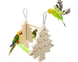 Dubbelzijdig Spiegel Speeltoestel voor Vogels - Houten Zitstok, Schommel en Katoenen Touw voor Vogelkooi