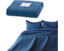 Dubbelzijdige bedsprei 240x260 cm - Donkerblauw mat satijn met reliëf