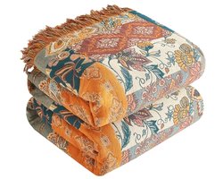Dubbelzijdige Boho Deken 200 x 230 cm – Katoenen Dekbed met Franjes, Reversible Sofa Blanket, Cuddly Patchwork Flower Dekbedovertrek