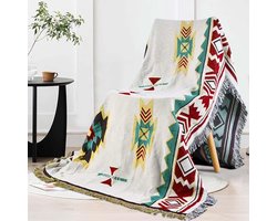 Dubbelzijdige Boho Gehaakte Plaid van Katoen met Franje, 90 x 150 cm, Multifunctionele Dekbedsprei, Perfect voor Bank, Camping en Picknicks