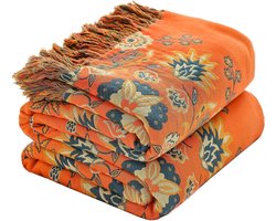 Dubbelzijdige boho sprei van katoen met franjes – Omkeerbare woondeken 230 x 250 cm – Zachte en warme bank- en bedsprei