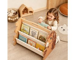 Dubbelzijdige houten boekenkast voor kinderen met opbergzakken, Oxford stof en draaghandvat, paardenontwerp, afgeronde hoeken voor de kinderkamer en optimale ruimtebesparing