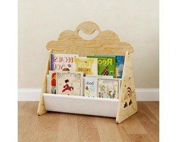 Dubbelzijdige houten boekenkast voor kinderen met stevige canvas vakken, draagbaar met handvat, ideaal voor kinderkamer, speelkamer en peuteropvang