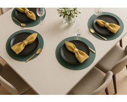 Dubbelzijdige PU-Leren Placemat Rond – 6 st. Ø38 cm – Donkergroen & Okergeel – Waterdicht, Kras- & Hittebestendig”