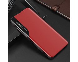 Duidelijke Beschermcase met Kijkvenster voor Samsung Galaxy S25 FE, Stijlvolle Spiegelflipcase met Kickstand en Premium Bescherming in Rood