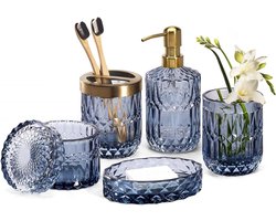 Duidelijke glazen badkameraccessoires set met zeepdispenser, tandenborstelhouder en meer, 6-delig, modern en stijlvol, perfect als cadeau voor elke badkamer