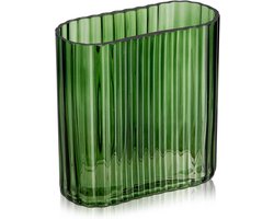 Duidelijke glazen oblong vaas van 17 cm - Geribbelde decoratieve bloemenvaas voor woonkamer, eettafel, bruiloften en feesten - Groene kleur