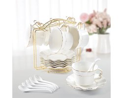 DUJUST theekopjes en schotels set van 6 (250 ml), luxe theekopset met gouden rand, reliëfdruk koffiekopjes met metalen standaard, Britse koninklijke porseleinen theekransset - wit