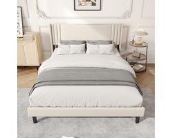 DULRLLY Bed 140x200 met lattenbodem, gestoffeerd bed tweepersoonsbed met gevoerd hoofdeinde, modern jeugdbed 140x200 met lattenbodem van hout, bedframe voor volwassenen en jongeren, linnen stof
