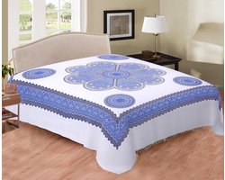 Dun laken - Ibiza style - Blauw/wit - Tweepersoons sprei - Dunne zomer beddensprei - Katoen - Bloem - 220x240