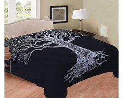 Dun laken - sier laken - Zwart/zilver - Tree of life - Dunne sprei - Duurzaam katoen/polyester - zomer laken - decoratie slaapkamer