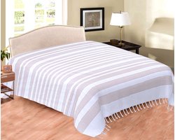 Dun laken - zomer sprei - dunne sprei - Beige/Wit - Gestreept - streep - Tweepersoons sprei - Zomer sprei - koel laken - Duurzaam katoen - 220x210