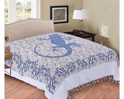 Dunne sprei - Tweepersoons sprei - Duurzaam katoen/polyester - Beige/wit/blauw - zomer sprei - Ibiza style - Salamander/gecko
