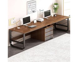 Duo 240 cm Dubbel Bureau met Lades – Extra Lang Computerbureau & Schrijftafel voor Thuiskantoor – Modern Industrieel Design in Donker Hout – Grote Werkplek voor 2 Personen – Novihome