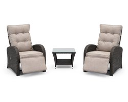 Duoset Melia + beige kussen - 3 delig - verstelbare rug en voetensteun - met bijzettafeltje - comfortabele kussens - Relax duo tuinset