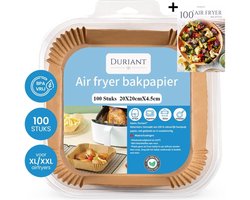 Duriant® -Airfryer bakpapier -Airfryer bakjes- Wegwerpbakjes- Vierkant- Airfryer Accesoires- Bakpapier-Airfryer bakjes- 100 stuks- Geschikt voor Airfryer XL en XXL- 20 tot 24 cm -Inclusief e-book met 100+ Air fryer Recepten