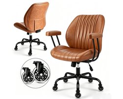 Durrafy Bureaustoel - Ergonomische Bureaustoel - Bureaustoelen voor Volwassenen - 10 cm Dik Zitkussen - 90°-120° Kantelbaar - In Hoogte Verstelbaar - Afneembare Armleuningen - 360° Draaibaar - PU-leer - 150 kg - Bruin