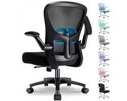 Durrafy Bureaustoel - Ergonomische Bureaustoel - Bureaustoelen voor Volwassenen - Office Chair - met Lendensteun & 90° Opklapbare Armleuningen | Verdikt en Verbreed Zitkussen | Hoogteverstelling - Stoel Tot 150kg - Zwart