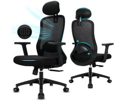 Durrafy® Bureaustoel - Ergonomische Bureaustoel - Bureaustoelen voor Volwassenen - Office Chair met Verstelbare Armleuningen & Hoofdsteun - 4D Lendensteun((±4 cm)) - Computerstoel met 130° Kantelbare Rugleuning (Vergrendelbaar) - Max. 150 kg - Zwart