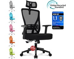 Durrafy Ergonomische Bureaustoel - Bureaustoel - Office Chair - Bureaustoelen voor Volwassenen met Verstelbare Armleuningen & Hoofdsteun - Verstelbare Lendensteun - Computerstoel met 90°-135° Kantelbare Rugleuning - Max. 150 kg - Zwart