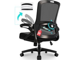 Durrafy Ergonomische Bureaustoel - Bureaustoelen voor Volwassenen - 90° Opklapbare Armleuningen - 4D Lendensteun（Hoogte- en Voor-Achterwaartse Verstelling） - Verdikt en Verbreed Zitkussen - 150KG - Zwart